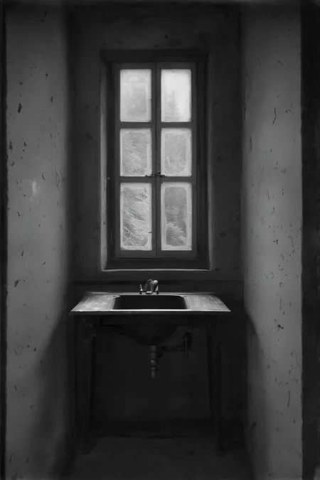<lora:Photographer Elena Helfrecht Style:1>Photographer Elena Helfrecht Style - a black and white photo of a room with a sink and a window