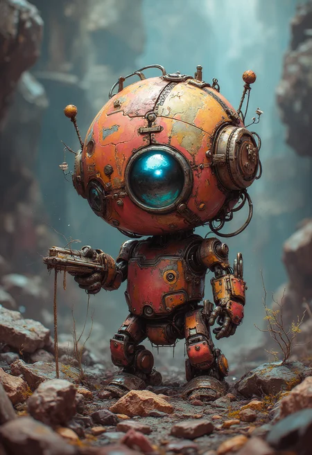 A cute round rusted robot hunting for scraps in a futuristic junkyard, vibrant glow