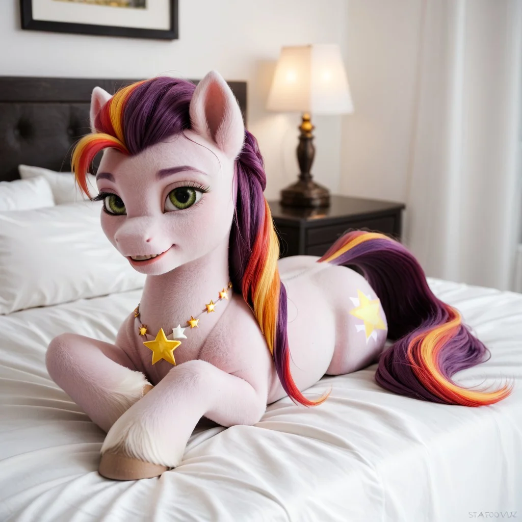 score_9, score_8_up, score_7_up, score_6_up, score_5_up, score_4_up, masterpiece, high quality, realistic, detailed, best quality, white bed, solo, rating_safe, source_furry, bedroom, smiling, seductive, looking at viewer, on bed, lying on belly, velvet_starscout, earth pony, pony, green eyes, female, 1girl, tail, mane, star cutie mark, star necklace