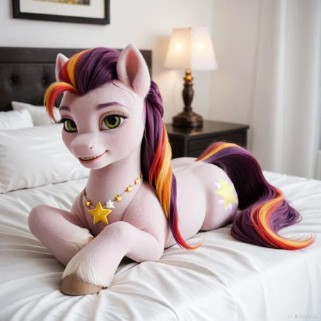 score_9, score_8_up, score_7_up, score_6_up, score_5_up, score_4_up, masterpiece, high quality, realistic, detailed, best quality, white bed, solo, rating_safe, source_furry, bedroom, smiling, seductive, looking at viewer, on bed, lying on belly, velvet_starscout, earth pony, pony, green eyes, female, 1girl, tail, mane, star cutie mark, star necklace