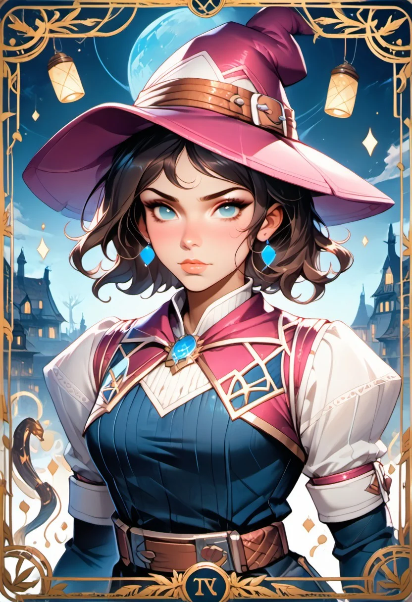 score_9, score_8_up, score_7_up, ((zPDXL3)), (((T4R0TH, T4R0TH CARD, tarot))), ((iahfy)), ((face focus, eye focus, dynamic angle, motion)), 1girl, fantasy, ((witchkiri, sexy witch costume, witch hat)), lace, cape, breathless intimacy, tanned skin, petite model bombshell, young, delicate features, narrow pointy nose, tiny nose, brown hair, medium length hair, bob cut, lust, big eyes, seductive eyes, blue eyes, detailed skin, flared lashes, mascara, makeup, perky medium breasts, athletic body, narrow waist, skinny hips,
warm light, detailed, neon dark party
BREAK
milky way, runes, arcane, astral, surreal, ethereal glow, masterpiece, best quality, intricate design. colorful, moonlit nightsky, stained glass aesthetic, moody whimsical color palette, murano glass, bold soldering lines, volumetric light shining through, crepuscular rays, intricate craftsmanship, detailed texture, luminous transparency, reflective light play, vivid hues, atmospheric depth, enchanting silhouette, art nouveau,
