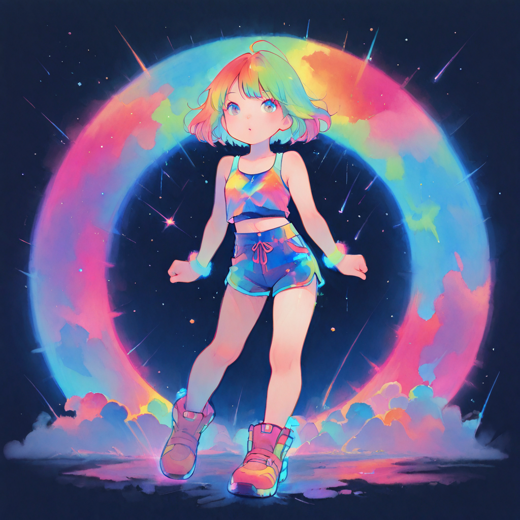 highly detailed, traditional media, cute, colorful, solo, 1girl, tank top, shorts, full body, pose