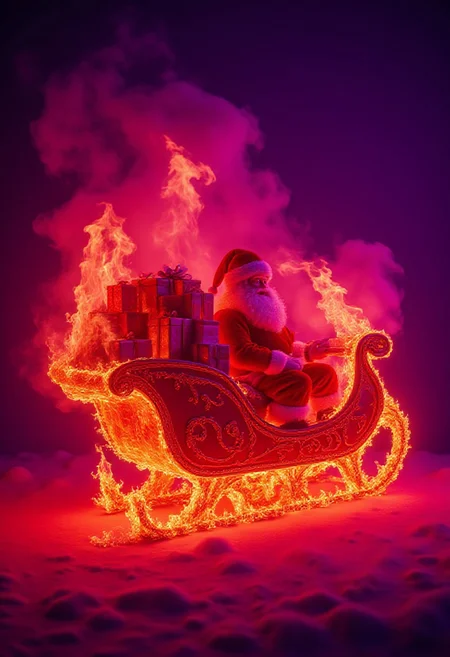 Santa's sleigh filled with presents, completely engulfed in flames, inferno, blazing, concept art, masterpiece, perfect lighting, purple and pink flames, 8k, absurdres, massive fire - rendered in the highest quality
