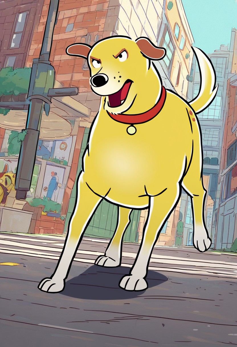 score_9, score_8_up, score_7_up, solo, mrthaspks, dog, yellow fur, brown ears, black nose, red collar, canine, feral, black eyes, round eyes, action pose, running, running down street, leaping, looking offscreen, determined expression, low angle, dutch angle, cinematic
BREAK
street, city, motion blur