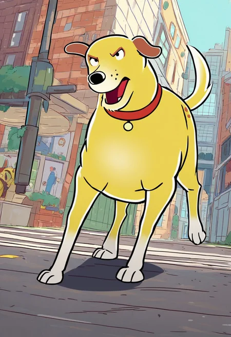 score_9, score_8_up, score_7_up, solo, mrthaspks, dog, yellow fur, brown ears, black nose, red collar, canine, feral, black eyes, round eyes, action pose, running, running down street, leaping, looking offscreen, determined expression, low angle, dutch angle, cinematic
BREAK
street, city, motion blur