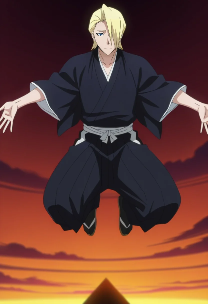 masterpiece, best quality, intricate details, anime screencap, anime coloring, official style, looking at viewer, 1boy, solo, male focus, <lora:izuru_kira_ilxl:0.9>, izuru_kira, blonde hair, blue eyes, short hair, hair over one eye, black kimono, panorama, pyramid, midnight, jumping, expressionless,