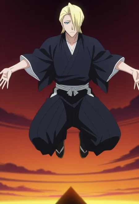 masterpiece, best quality, intricate details, anime screencap, anime coloring, official style, looking at viewer, 1boy, solo, male focus, <lora:izuru_kira_ilxl:0.9>, izuru_kira, blonde hair, blue eyes, short hair, hair over one eye, black kimono, panorama, pyramid, midnight, jumping, expressionless,