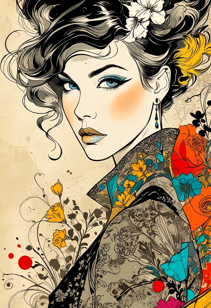 RANDOMLY (RANDOMIZED:1.7).  POSE REDEFINED. INKED INCARNATION of ELEGANT ALLURING SKETCHING + INK COLORS LAYERING. ARTful AVANT-GARDE. INCOMPLETE.  ELUSIVE. VINTAGE. MASTERPIECE. WOW-FACTOR.