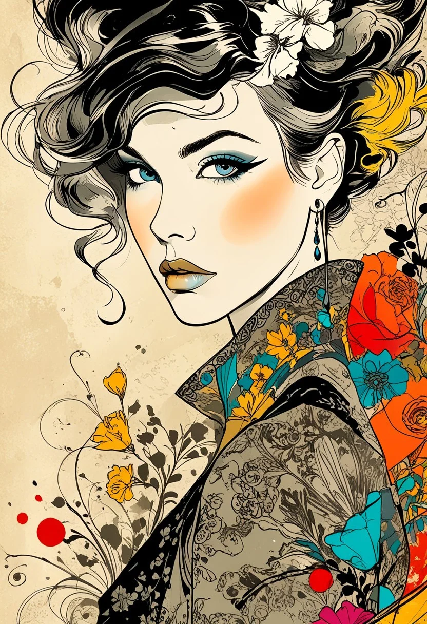 RANDOMLY (RANDOMIZED:1.7). POSE REDEFINED. INKED INCARNATION of ELEGANT ALLURING SKETCHING + INK COLORS LAYERING. ARTful AVANT-GARDE. INCOMPLETE. ELUSIVE. VINTAGE. MASTERPIECE. WOW-FACTOR.