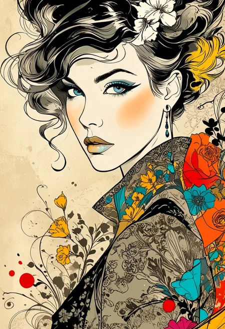 RANDOMLY (RANDOMIZED:1.7).  POSE REDEFINED. INKED INCARNATION of ELEGANT ALLURING SKETCHING + INK COLORS LAYERING. ARTful AVANT-GARDE. INCOMPLETE.  ELUSIVE. VINTAGE. MASTERPIECE. WOW-FACTOR.