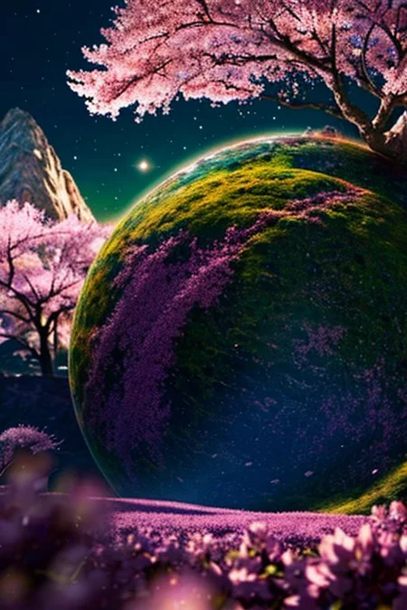 Planet surface landscape, background mountains, glowing, plants, sci-fi, fantasy, space art, galaxy background, tree on planet, cherry blossoms, sakura flowers, shooting stars, dynamic angles, intricate details, film grain, accent lighting, soft volumetric light, shallow depth of field , cinematography, realistic, SyFyEye1.
3D