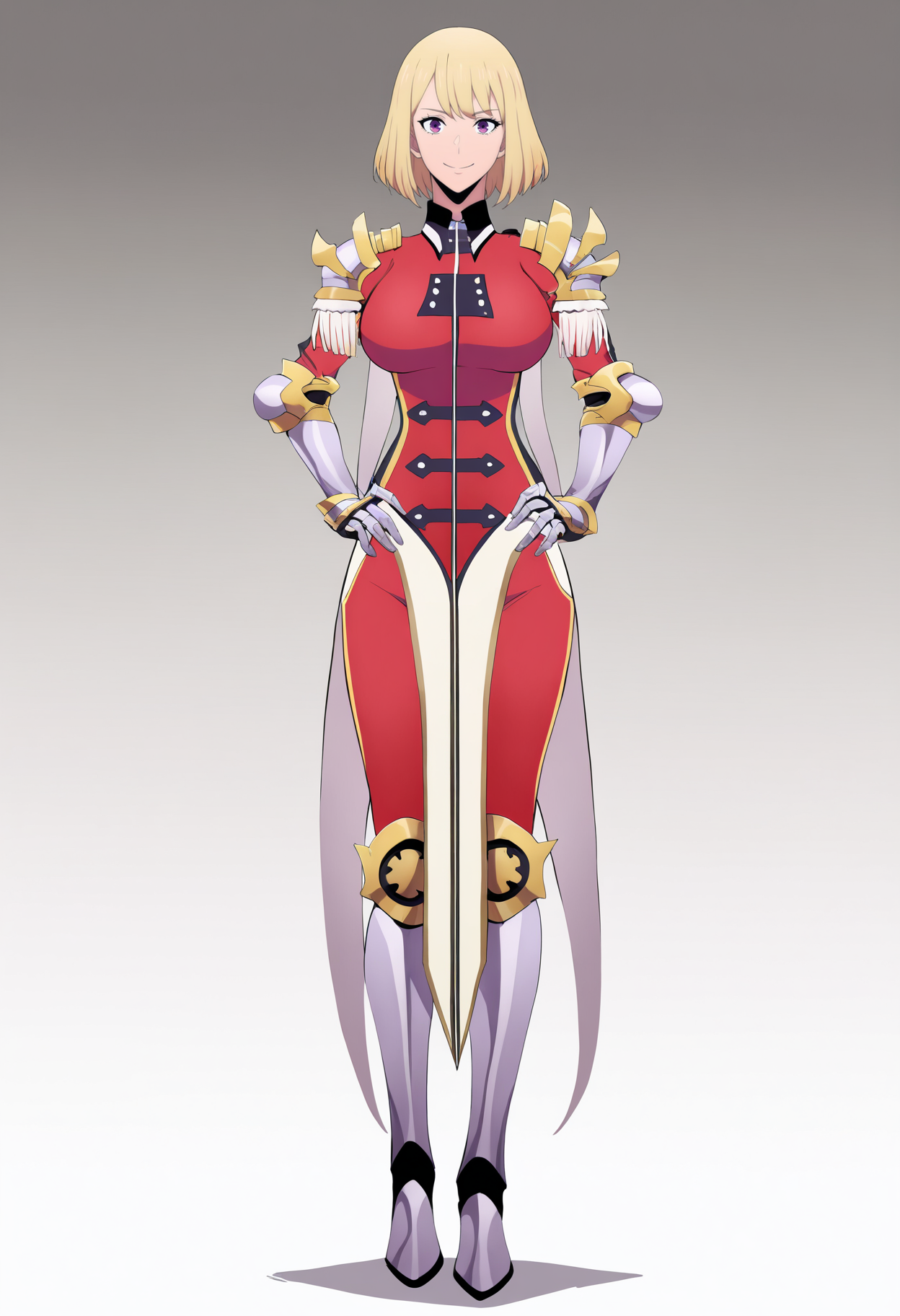 best quality, amazing quality, very aesthetic, absurdres,
1girl, chahaein, blonde hair, purple eyes, short hair,
armor, gauntlets, epaulettes, shoulder armor, greaves, uniform,
full body, standing, hands on hips,
smile, solo, looking at viewer, simple background, white background,   <lora:ChaHaeinNoobXL_byKonan:1>