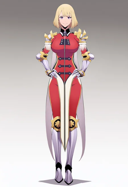 best quality, amazing quality, very aesthetic, absurdres,
1girl, chahaein, blonde hair, purple eyes, short hair,
armor, gauntlets, epaulettes, shoulder armor, greaves, uniform,
full body, standing, hands on hips,
smile, solo, looking at viewer, simple background, white background,   <lora:ChaHaeinNoobXL_byKonan:1>