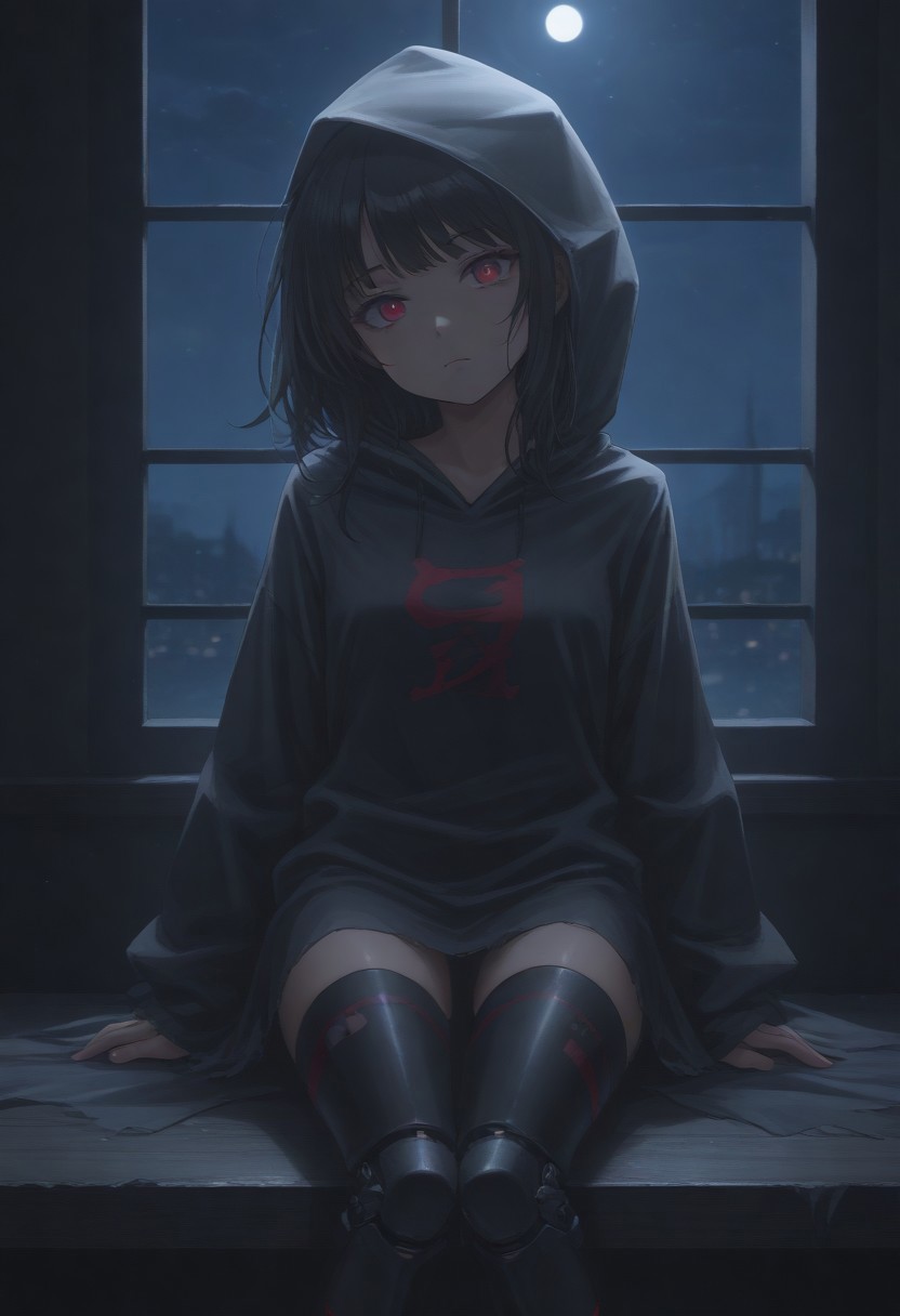 IsomerMob, hood, hood up, black hair, bangs, hooded cloak, red eyes, long hair, black cloak, mechanical legs, torn clothes,
looking at viewer, head tilt, closed mouth, 
window, dark, night, night sky, 
score_9, score_8_up, score_7_up, 1girl, solo, solo focus, highres, absurdres, light particles, shade, lens flare, shiny skin, fine fabric emphasis,