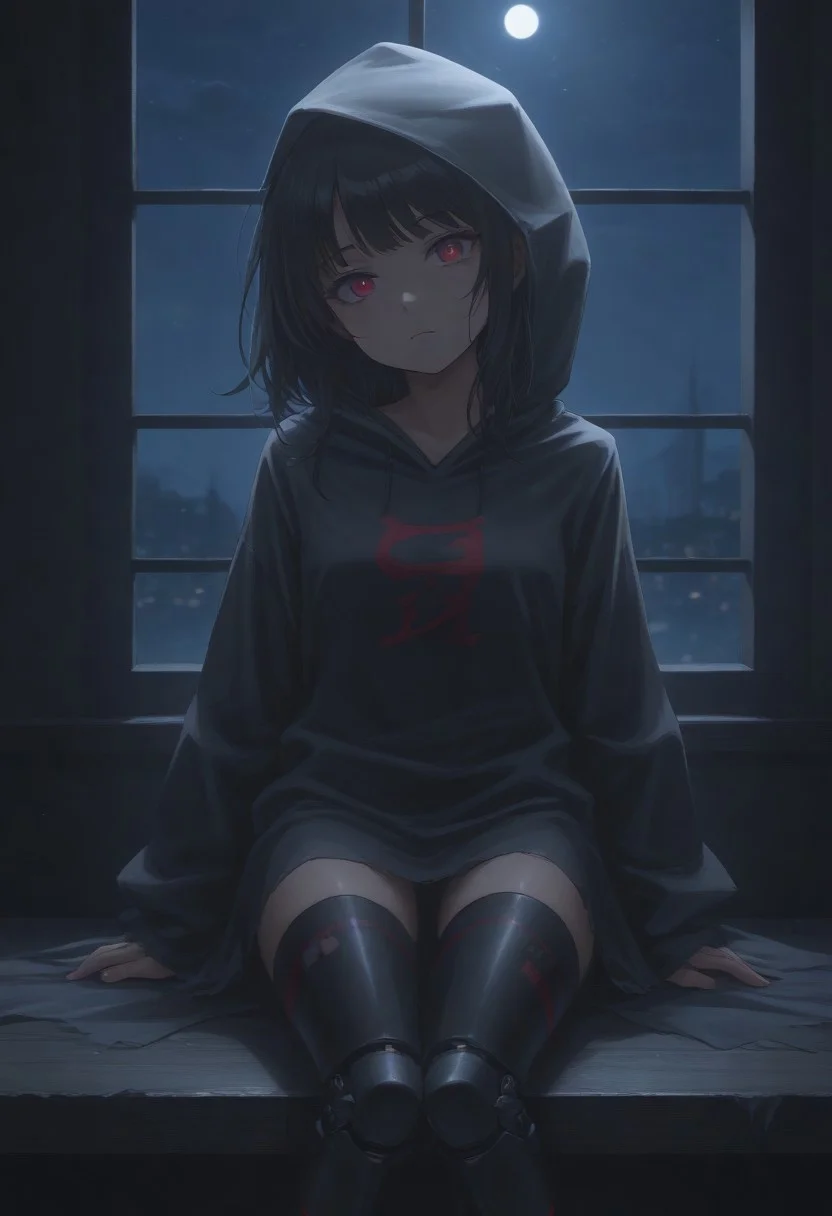 IsomerMob, hood, hood up, black hair, bangs, hooded cloak, red eyes, long hair, black cloak, mechanical legs, torn clothes,
looking at viewer, head tilt, closed mouth,
window, dark, night, night sky,
score_9, score_8_up, score_7_up, 1girl, solo, solo focus, highres, absurdres, light particles, shade, lens flare, shiny skin, fine fabric emphasis,