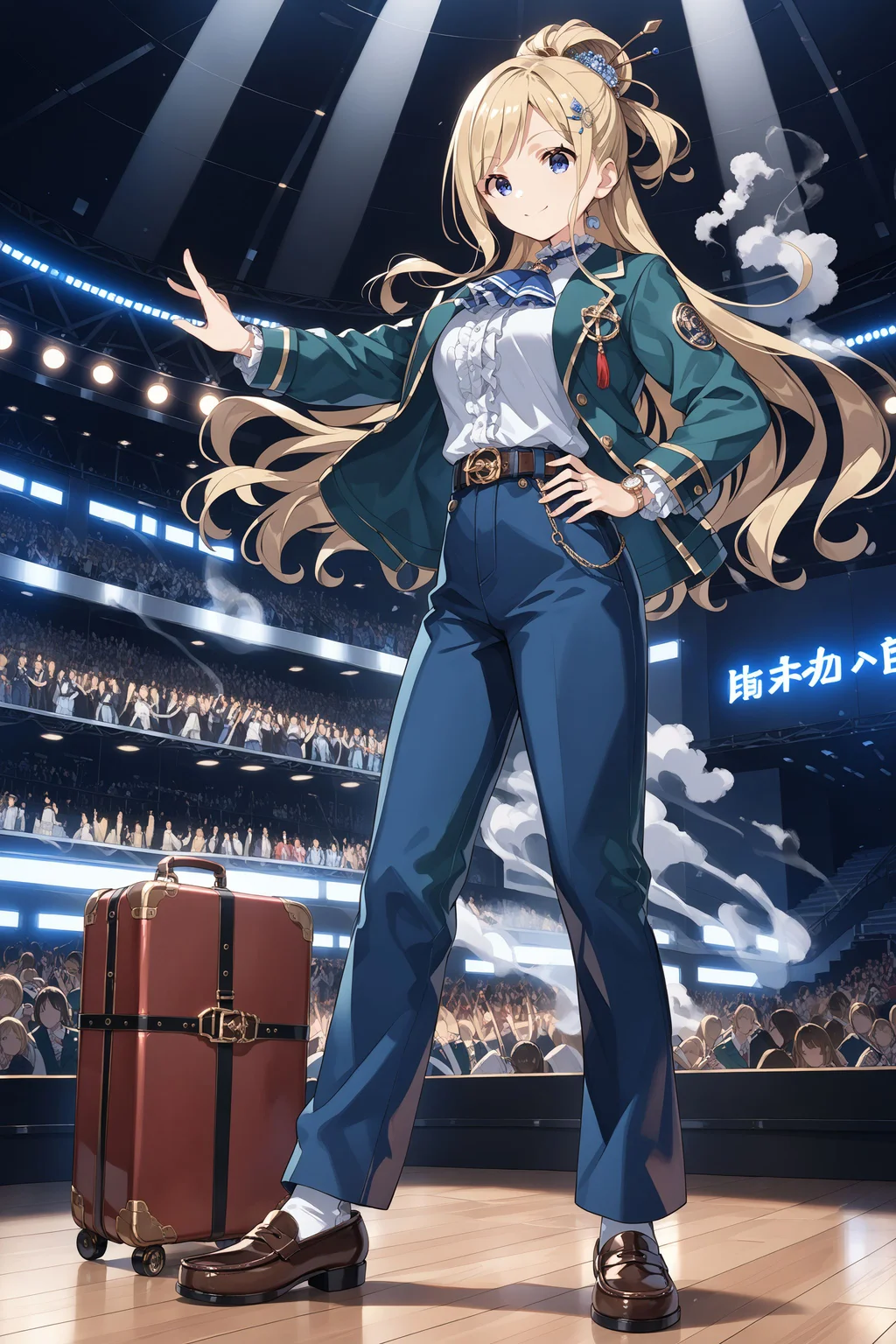 score_max, (score_9, score_8_up, score_7_up:1.2), score_6_up, official art, source_anime,
, masterpiece, absurdres, high detail, 8k,
stage, runway, smoke, light beam, audience,
standing, wide stance, hand on hips, rolling suitcase, light smile,
kamotti, hair up, hair ornament, ascot, green jacket, long sleeves, frilled shirt, white shirt, wristwatch, belt, blue pants, long pants, loafers,
<lora:XL_Pony_gomaotsu-chamomile-t1:1.0>
