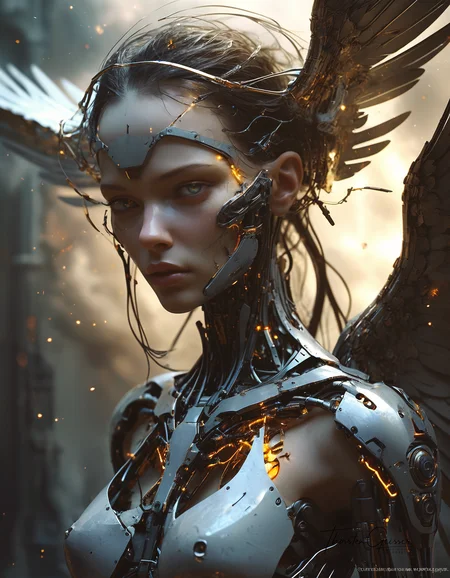 biomechanical cyberpunk A photorealistic portrait of a merciless archangel, their face a vision of divine beauty and unwavering resolve. Their eyes, windows to a soul hardened by countless battles, burn with an intensity that pierces through the veil of reality. Their expression is a symphony of conflicting emotions: righteous fury, unwavering determination, and a hint of sorrow for the fallen. Their wings, a majestic expanse of shimmering feathers, are spread wide, casting a shadow of divine judgment upon the world. The background is a maelstrom of celestial energy, swirling with nebulae, stars, and distant galaxies, creating a sense of infinite power and cosmic scale. The lighting is dramatic, highlighting the archangel's sculpted features and the intricate details of their flowing hair and wings. The overall effect is one of awe and reverence, <lora:MJ52.safetensors:0.60> . cybernetics, human-machine fusion, dystopian, organic meets artificial, dark, intricate, highly detailed