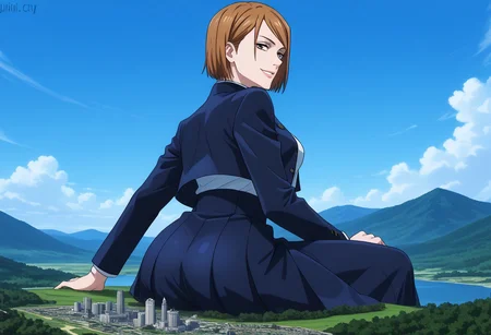 score_9, score_8_up, score_8, low angle,
1girl, solo, ijiranaideyoshi, <lora:ijiranaide-yoshi-s1s2-ponyxl-lora-nochekaiser:1>, cowboy shot, hard shadows, shiny skin, <lora:nobara-kugisaki-s1s2-ponyxl-lora-nochekaiser:1>, nobara kugisaki, kugisaki nobara, bob cut, brown eyes, brown hair, lips, short hair, large breasts,, skirt, school uniform, jacket, cropped jacket, jitome, high-waist skirt, gakuran, morning routine, smile, from behind, side angle, looking at viewer, mischievous, looking down, from below, side angle, sitting, brown smoke on the ground, detailed face, giga giantess, macro, ass focus, wide hips, angelic, flawless, high resolution, above the city, (shrunken city :1.4), (shrunken cityscape:1.3), micro cityscape, clouds on background, solo, ((landscape)),
BREAK, Small city, micro city, low horizon line, mountains, lakes, white clouds, tiny castle, masterpiece, best quality