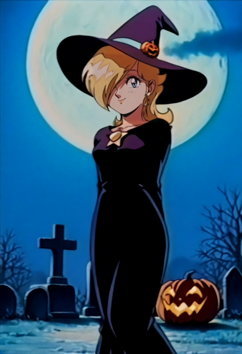 masterpiece, best quality, solo, looking at viewer, 1girl, smile, <lora:FeOVA_GLoRA-illus_Fp:1>, retro artstyle, <lora:Rosalina_illusXL_Incrs_v1:1>, RslnHllwn, hair over one eye, witch hat, pruple dress, halloween costume, purple headwear, black dress, long dress, blonde hair, blue eyes, night, moon, jack-o'-lantern, graveyard,