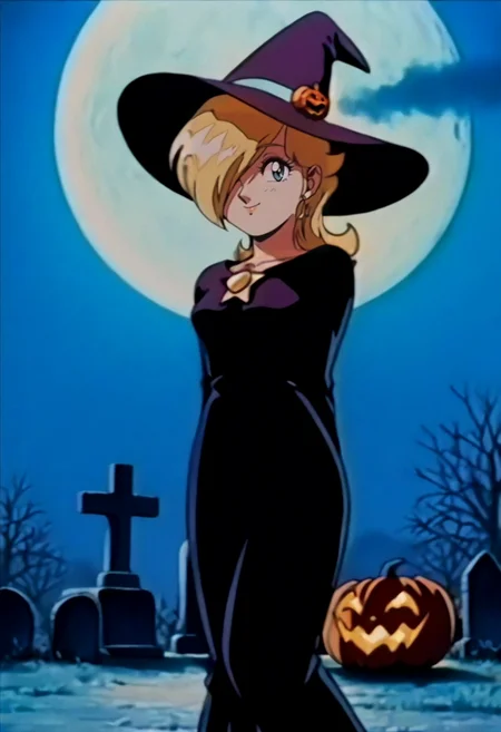 masterpiece, best quality, solo, looking at viewer, 1girl, smile, <lora:FeOVA_GLoRA-illus_Fp:1>, retro artstyle, <lora:Rosalina_illusXL_Incrs_v1:1>, RslnHllwn, hair over one eye, witch hat, pruple dress, halloween costume, purple headwear, black dress, long dress, blonde hair, blue eyes, night, moon, jack-o'-lantern, graveyard,