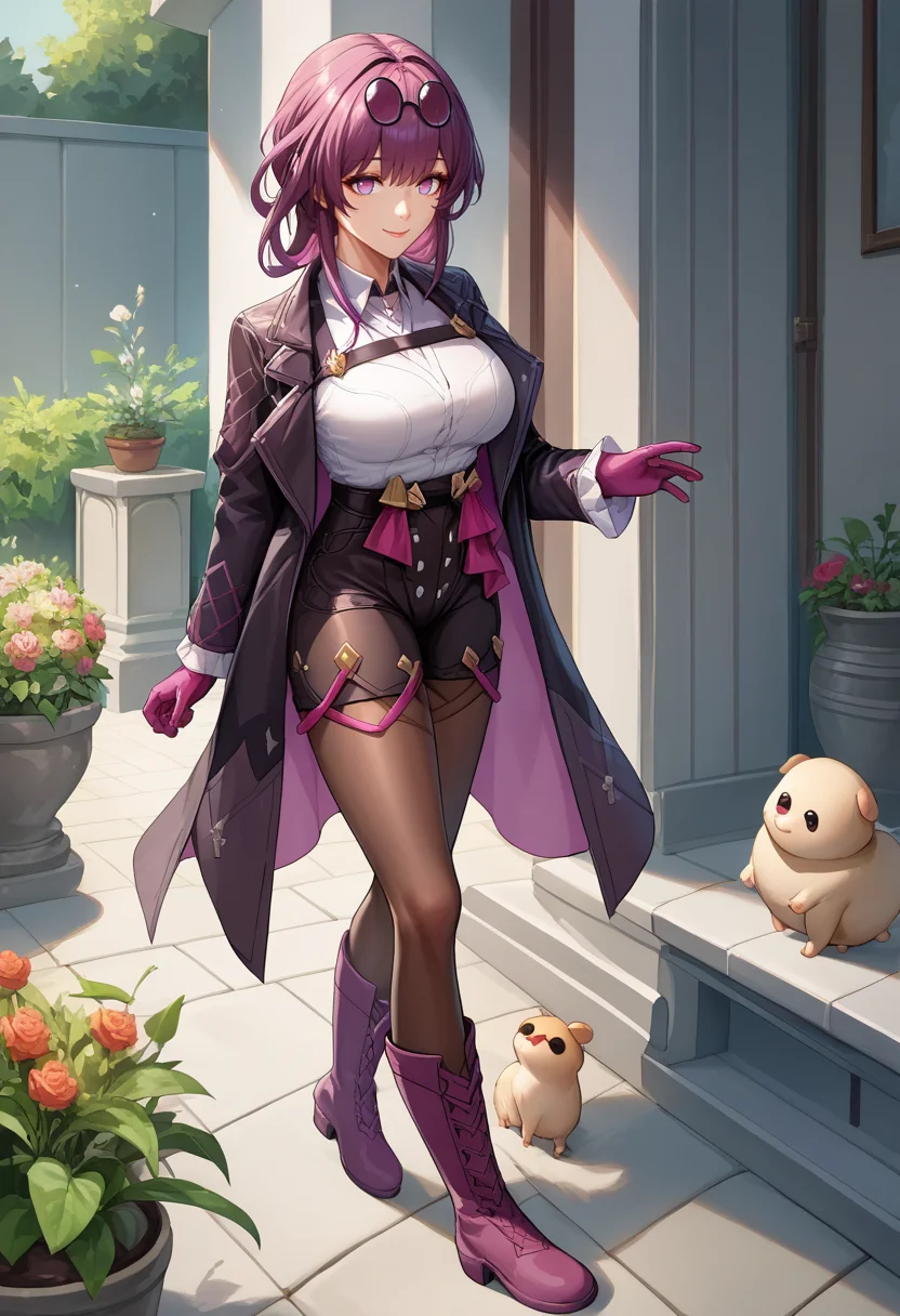 score_9, score_8_up, score_7_up, source_anime, <lora:Kafka-000008:1>, kafkadef, 1girl, solo, purple eyes, bangs, full body, collared shirt, japnese garden, pound, eyewear on head, purple gloves, white shirt, large breasts, purple eyes, high-waist shorts, pantyhose, black_shorts, black_jacket, wide_shot, smiling, boots