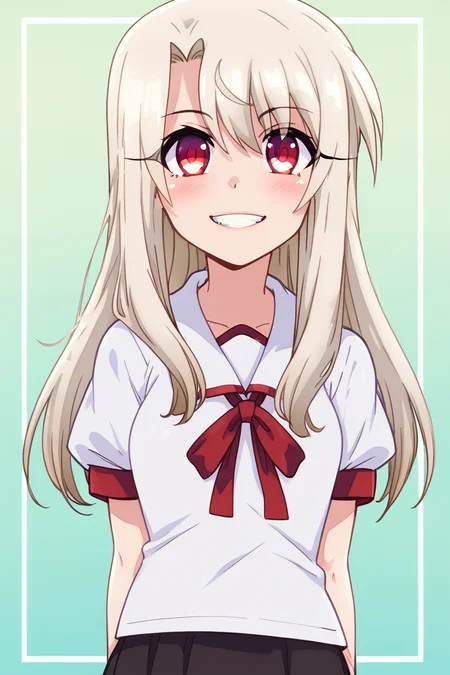 score_9, score_8_up, score_8, medium breasts, (curvy), cute, eyelashes, BREAK, , BREAK, illyasviel von einzbern, 1girl, solo, red eyes, white hair, long hair, red eyes, skirt, shirt, ribbon, school uniform, white shirt, short sleeves, black skirt, homurahara academy school uniform, <lora:PrismaIllya_PDXL_v3:0.8>, <lora:Afrobull_PDXL_v5:0.8>, , BREAK, smile, looking at viewer, cowboy shot, embedding:zPDXL, Expressiveh, <lora:SDXLFaeTastic2400:0.5>, <lora:Expressive_H-000001:0.4>,