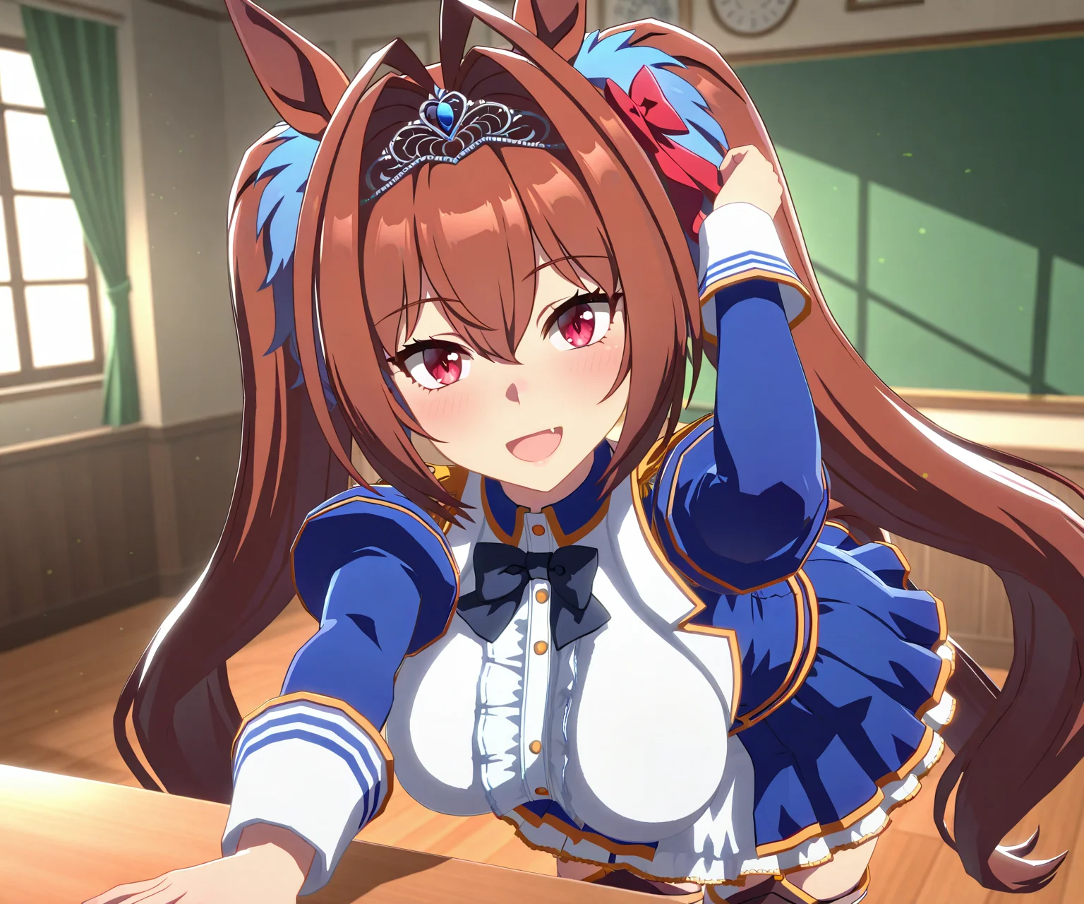 masterpiece, best quality, amazing quality, , 1girl, solo, looking at viewer, cowboy shot, smile, open mouth, <lora:Daiwa Scarlet in game style 3D:1> ummsmingame, 3d, daiwa scarlet \(umamusume\),