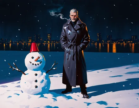 masterpiece illustration, best quality, high res,   detailed,
1boy, old man, tech noir, street, investigator outfit, long coat, snowing, city, black clothes, leather clothes, smoking cigarette, making a snowman, pile of snow,
(noir:0.4), dark theme, shadow, cinematic lighting, (artist: ilya kuvshinov:0.4), style of adrian ghenie, perfect composition artem demura,  
<lora:Gil Elvgren v-pred both:0.4>