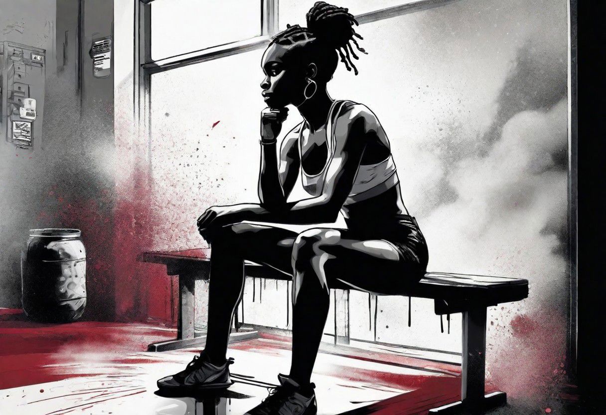 inkpunk three colors only (anime:0.3), ink and paper illustration, inked, female boxer, African American, tight braids, at a distance, muscular, broad shoulders, boxing gloves, sports bra, boxing shorts, boxing pose,l, abandoned locker room, bench, sitting, bleak, ink splashes, ink spots, ink smears, evoking thinking and mental prep, desolate, bold strokes, ink illustration, dusty, night, dark, dust billowing, powder in the air, vision obscured, rays of light, gray and black and deep crimson tones, light streaming thru window