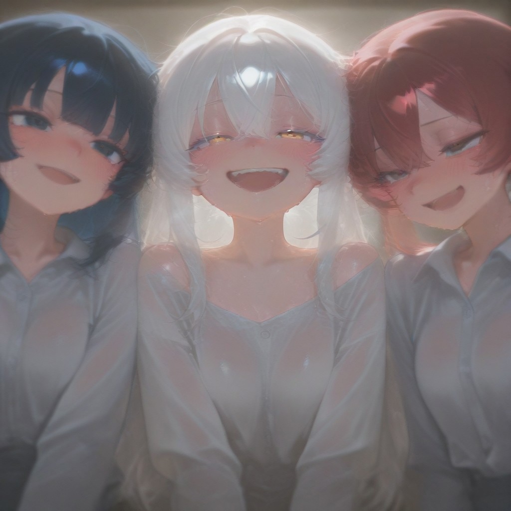 4girls, smile, tear, sweat, shameful, blush, masterpiece, opened mouth, sleepy, best quality, pigtail hair, white dress shirt, red hair, dark blue hair, white hair