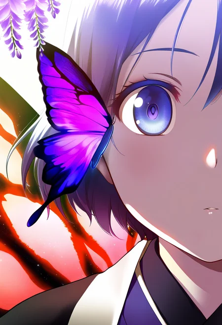 masterpiece,best quality,amazing quality, 1girl, kocho_shinobu close-up,
portrait, eye focus, wisteria_purple_palette, high_saturation, 
insect_breath_glow, butterfly_wing_haori, floating_poison_mist,
<lora:people's_work:0.3> <lora:DetailedEyes_V3:0.9> <lora:MeMaXL4:0.8>