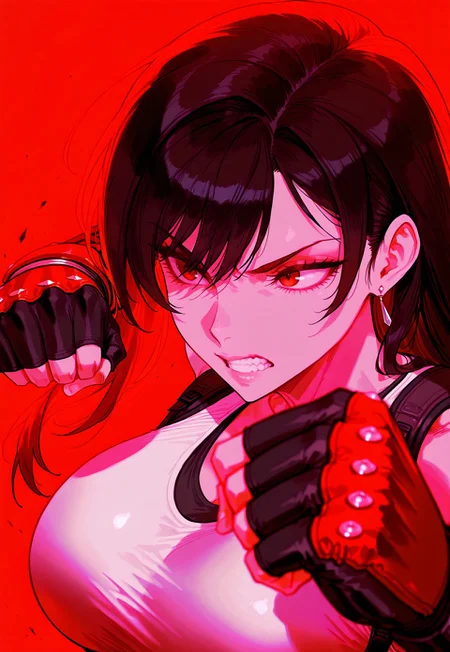 safe_pos, 1girl,solo, tifa, battle stance, clenched fist, red theme, simple background, portrait, teeth, large breasts, action shot, fight, HDR, 8K, masterpiece, best quality, amazing quality, very aesthetic, superabsurd res, high resolution, ultra-detailed, absurdres, newest,