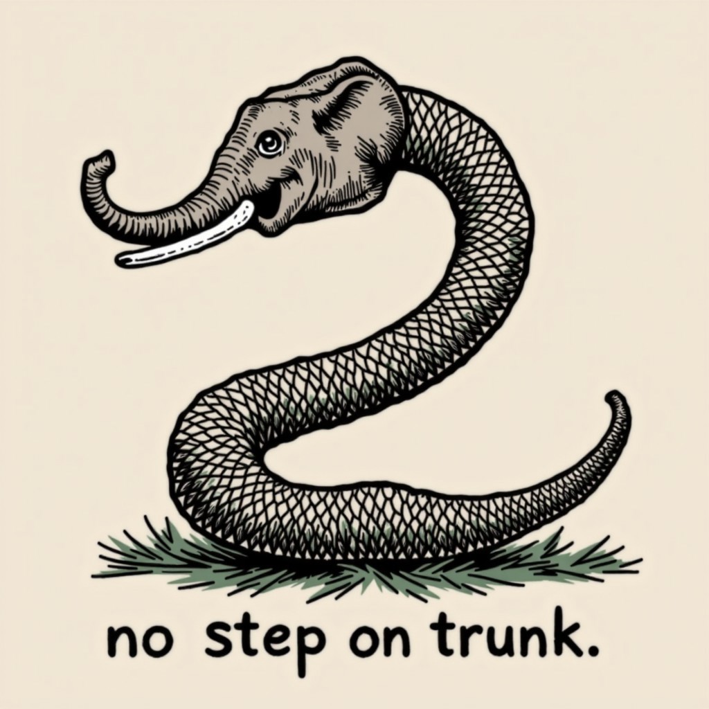 a coiled up elephant trunk hose with the caption "no step on trunk" undeneath in the style of snek
