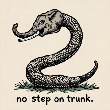 a coiled up elephant trunk hose with the caption "no step on trunk" undeneath in the style of snek