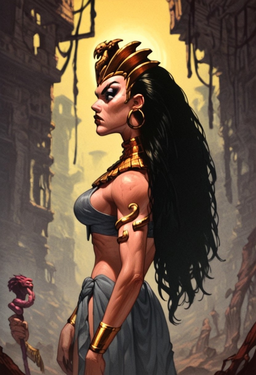 DonMC0m1cM4g1cXL, (dark, fantasy, magical, eerie) score_9, score_8_up, score_7_up, score_6_up, portrait, Malyssa_Primal, long hair, black hair, makeup, eyeliner, lipstick, black eyes, loin clothes, golden bracelets, golden collar, gleninsheen gorget, golden crown, BREAK, backgroung, plain, ruins