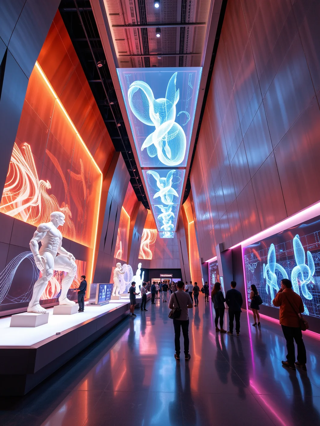 Futuristic museum, sleek metal walls and floors, glowing holographic exhibits, digital displays floating mid-air. Neon lighting illuminating abstract sculptures, visitors interacting with virtual artworks, ultra-modern architecture with sharp angles and clean lines, atmosphere both awe-inspiring and surreal, blending technology with art.
