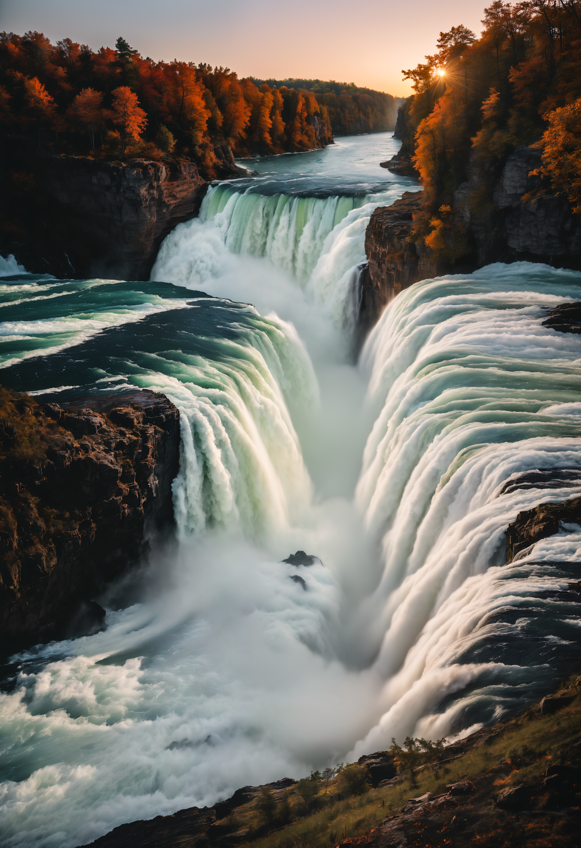 majestic landscape photo of wild water rapids and a waterfall at misty sunrise, niagara falls, victoria falls, extreme details, 