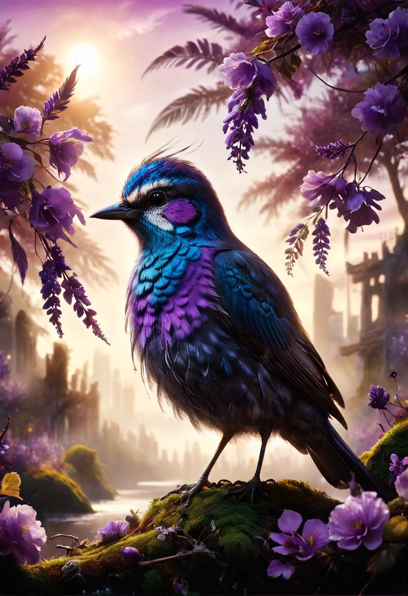 ral-apoctvisn, dark, chiaroscuro, low-key, breathtaking masterpiece showcasing a gorgeous little bird, Violet-crowned nymph,  bathed in soft, golden morning light, surrounded by vibrant bokeh balls that frame its delicate form. The image will be rendered in sharp detail, capturing every feather and intricate feature of the bird with stunning clarity. The soft, diffused lighting will enhance the warmth and radiance of its plumage, while high-quality bokeh adds a magical touch to the scene. Multiple image exposures will be expertly combined to emphasize the bird's vibrant colors and captivating gaze, resulting in a lifelike portrayal of tranquil beauty.
The artwork will feature shimmering digital colors in a mixed media style on textured paper, creating an overlapping, asymmetrical, abstract composition bursting with vibrant hues. Every inch of the image will be filled with intricate details, from the feathers of the nymph to the surrounding environment, all depicted in extreme detail. The wide range of colors will add depth and richness to the scene, with soft shadows and low saturation tones creating a serene yet evocative atmosphere.
With insane quality, resolution, and details, the final image will be a true masterpiece of nature photography, showcasing dramatic, dynamic, and cinematic elements. The sharp details will bring the scene to life, immersing viewers in the beauty and wonder of the Violet-crowned nymph in a way that is both breathtaking and captivating.