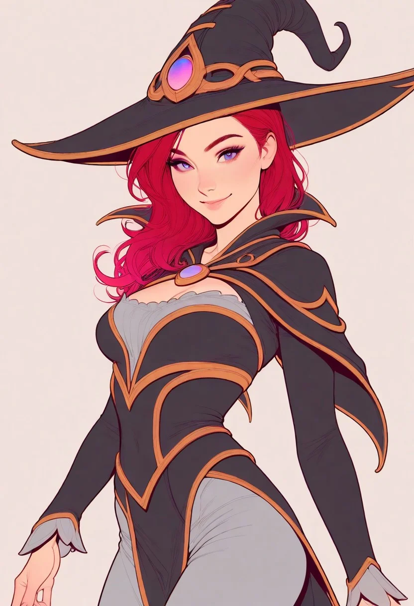 Artist : Tsuaii, Artist : Incase, (flat colors, line art:2), high detailed, high quality, masterpiece,
1girl, upper body, (neutral white background), dynamic lighting, standing, looking at viewer, cowboy shot, smile, red hair, (Bewitching Janna league of legends:1.5), witch outfit, round grasses, witch hat, black clothes,