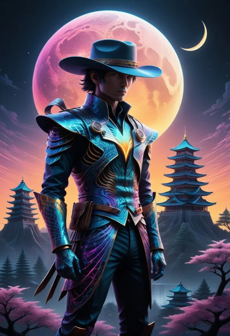 anime art, a breathtaking ultra-HD anime-style illustration of a electro_style, cowboy, masterpiece, best quality, newest, absurdres, highres, by an ancient japanese edo castle made out of fractangles, sunset, ink artwork, sharp color, fractangle sakura trees in the background, moon in background. The atmosphere is tranquil yet powerful, evoking a sense of nostalgia and wonder. Highly detailed character, precise silhouette, cinematic lighting, ultra-realistic textures, dreamy and immersive composition, masterpiece. sharp, ultra hd, 8k, 4k, artstation, (Fractangles), movie poster