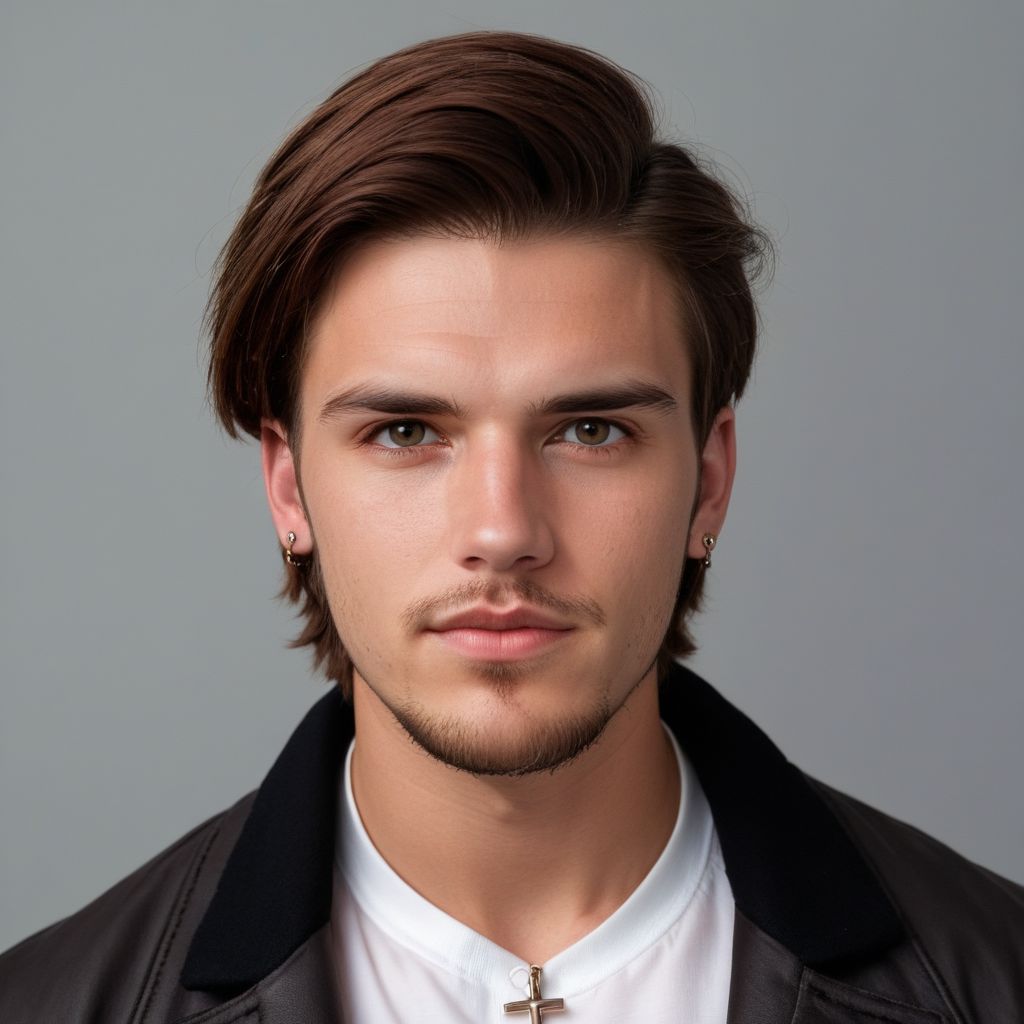 aszkstzz, jewelry, solo, realistic, male focus, 1boy, necklace, facial hair, earrings, jacket, looking at viewer, brown hair, stubble, piercing, shirt, white shirt, grey background, portrait, australian heritage, black jacket, ear piercing, hyperdetailed photography, soft light,   cinematic angle, masterpiece, best quality ,