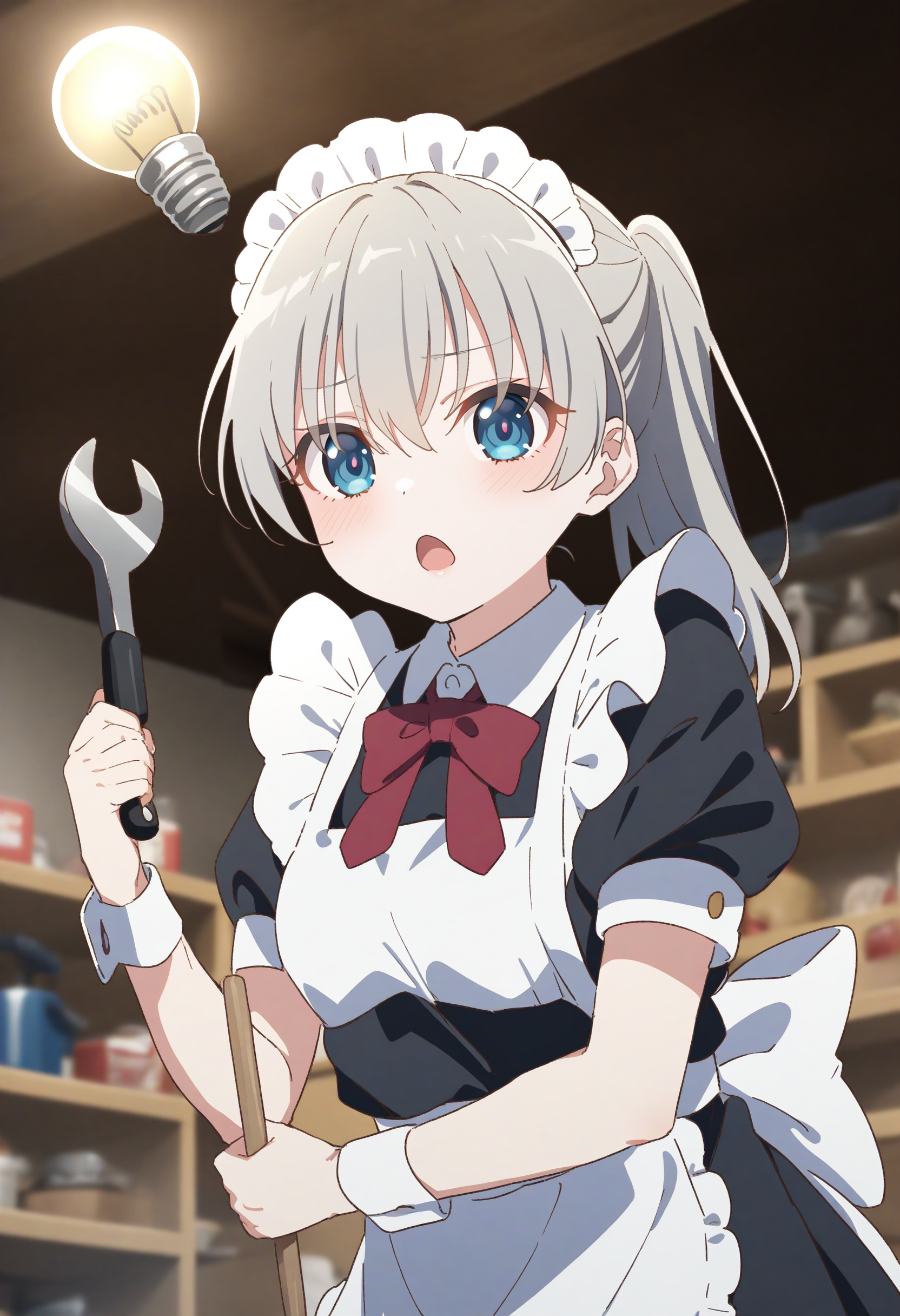 1girl,sincos, ningen mame, toosaka asagi,solo,medium breasts,20yo,maid,maid headdress,
Idea Light Bulb,<lora:Idealightbulb_XL_v1:0.8>
silver hair, black eyes,bored, tool Shop, open mouth, front ponytail hair,,
best quality, very aesthetic, absurdres