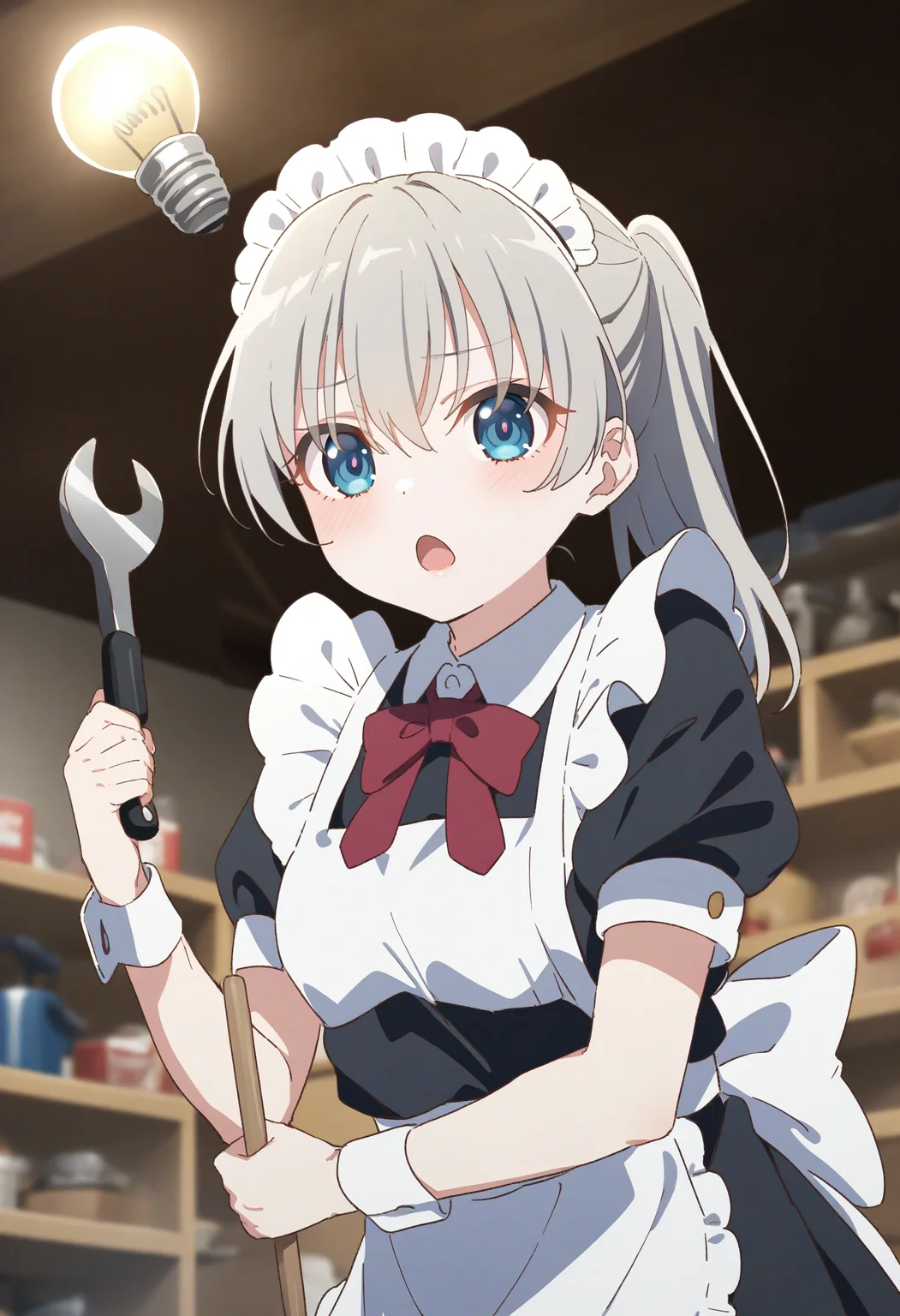 1girl,sincos, ningen mame, toosaka asagi,solo,medium breasts,20yo,maid,maid headdress,
Idea Light Bulb,<lora:Idealightbulb_XL_v1:0.8>
silver hair, black eyes,bored, tool Shop, open mouth, front ponytail hair,,
best quality, very aesthetic, absurdres