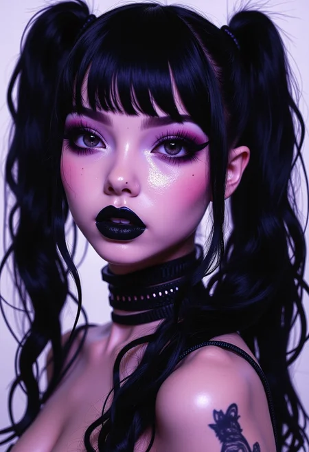This is a highly detailed, digital illustration of a young woman with an edgy, gothic aesthetic. She has long, wavy black hair styled in high pigtails, with bangs framing her face. Her skin is pale with a slight glow, suggesting a youthful, possibly Asian ethnicity. She has striking, bold makeup with dark, dramatic eyes, thick eyeliner, and deep purple eyeshadow, complementing her dark lipstick.