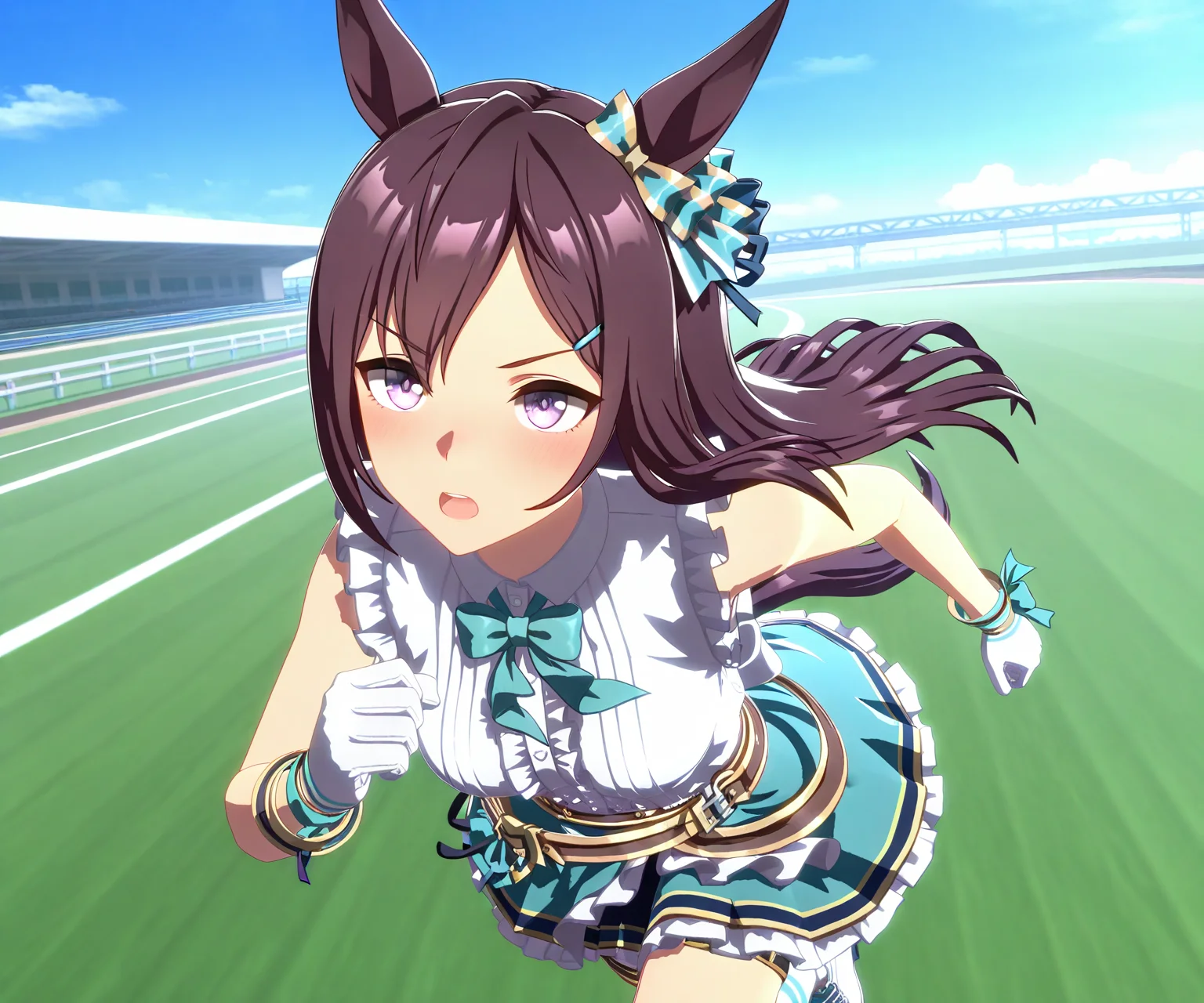 masterpiece, best quality, amazing quality, , 1girl, solo,umamusume, racetrack, running, <lora:Mejiro Dober in game style 3D ILL-v2:1> ummsmingame, 3d, mejiro dober \(umamusume\),
