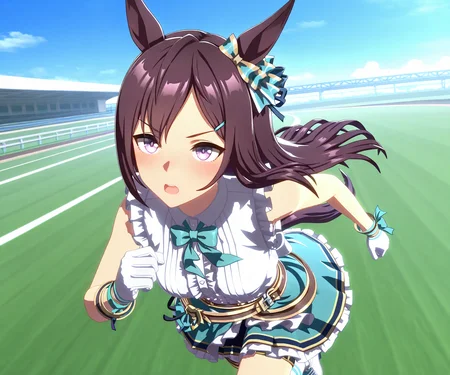 masterpiece, best quality, amazing quality, , 1girl, solo,umamusume, racetrack, running, <lora:Mejiro Dober in game style 3D ILL-v2:1> ummsmingame, 3d, mejiro dober \(umamusume\),