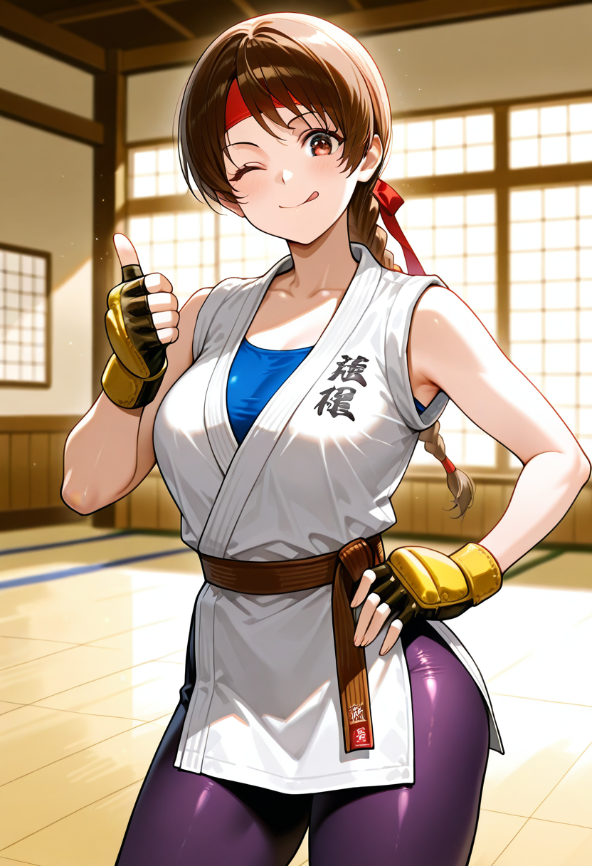 masterpiece,best quality,absurdres, amazing quality, <lora:YuriSakazakiKOFIllustrious-000008:0.9> , YRISKIKOF, brown hair, single braid, red headband, brown eyes, dougi, blue undershirt, yellow mma gloves, martial arts belt, purple leggings,  smile, one eye closed, tongue out, mouth closed, thumbs up, breasts, hand on own hip, hand gesture, dojo,  1 girl, solo,    looking at viewer,