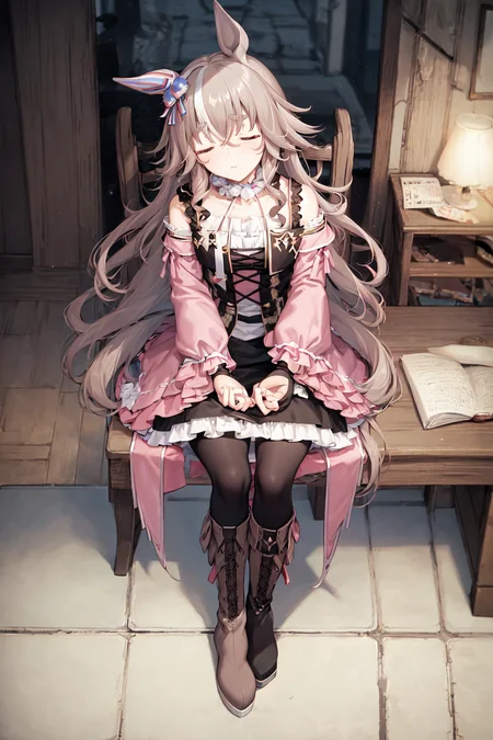 masterpiece, best quality,
wonder acute \(umamusume\),
full body, sitting, from above,
(on rocking chair:1.2), (a rocking chair:1.2), sleeping, closed eyes,
choker, black gloves, fingerless gloves, detached sleeves, puffy long sleeves, frilled sleeves, pink dress, frills, pink jacket, striped skirt, black pantyhose, brown footwear, knee boots, high heel boots,
<lora:wonder_acute_loha:0.8>