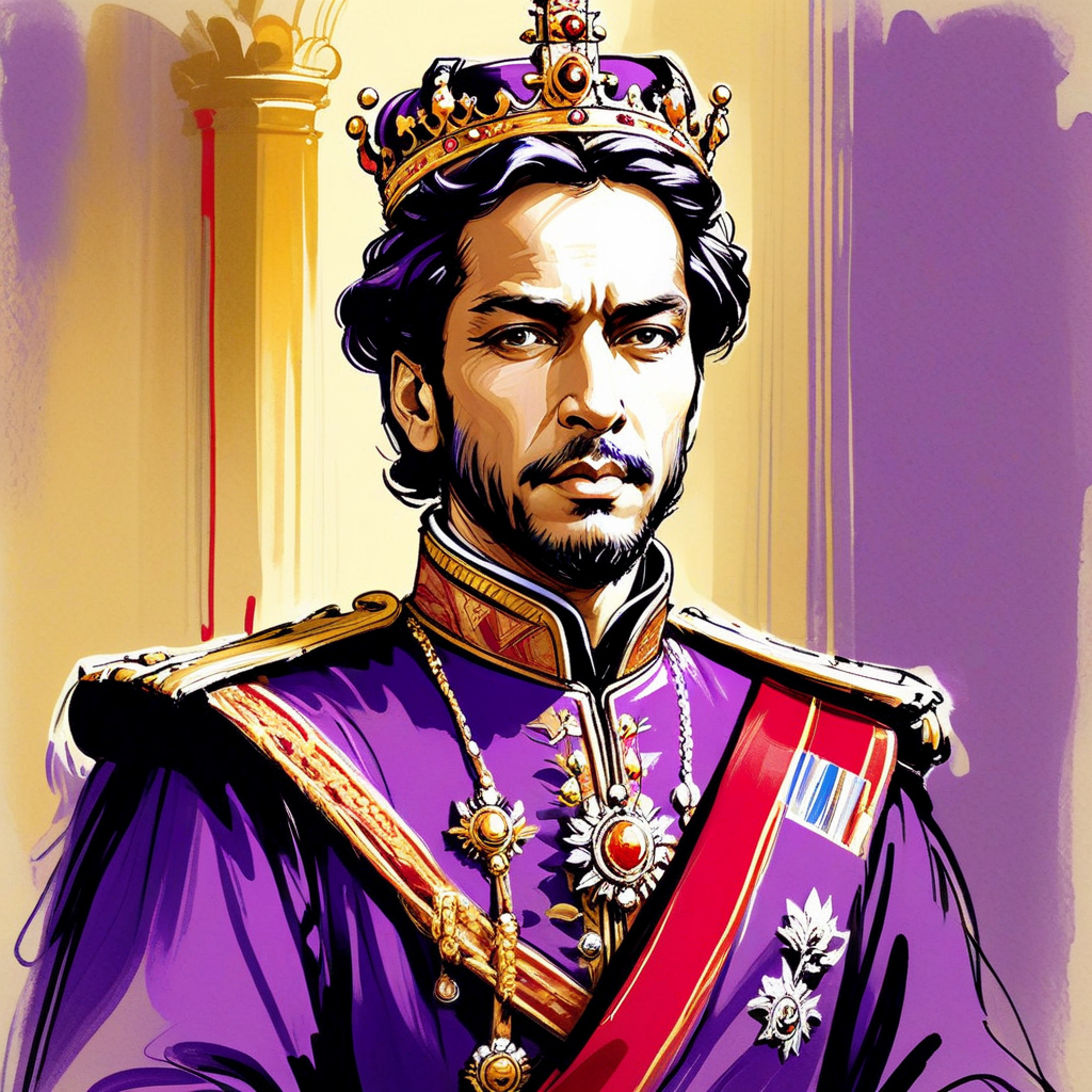 inksketch, a royal king, purple outfit with red trim, gold backgroudn