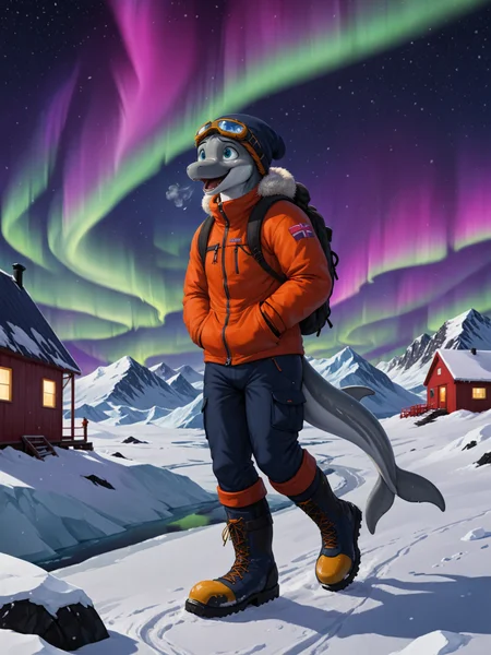 masterpiece, best quality, solo, anthro, male, bottlenose dolphin, fully clothed, arctic gear, winter jacket, full-length portrait, digitigrade, digitigrade footwear, winter hat, goggles on head, outside, antarctic, snow, glacier, walking, thick tail, backpack, tail fin, explorer, paw boots, breath, norway, painted wooden buildings, colorful buildings, cloud, night, detailed background, high contrast, snowing, wind, arctic research station, astronomical observatory, starry sky, aurora borealis, hand in pocket, looking up, awe, slightly open mouth, wide eyed